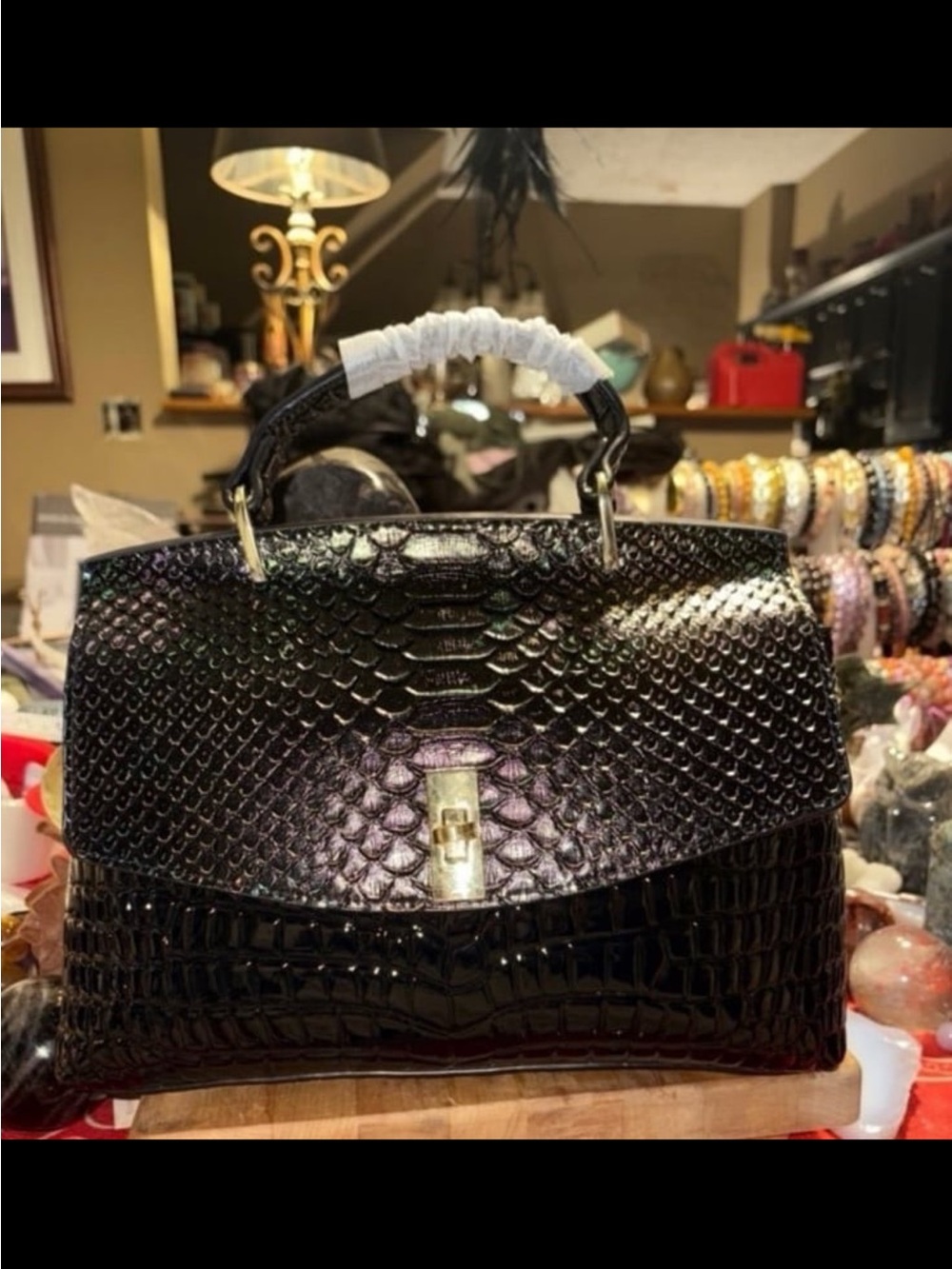 Black Croc-Embossed Top Handle Bag
